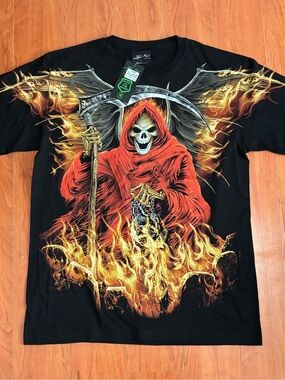 NWT Men's Graphic Skull Reaper Tee - Black with Red & Gold Flames - Size Large